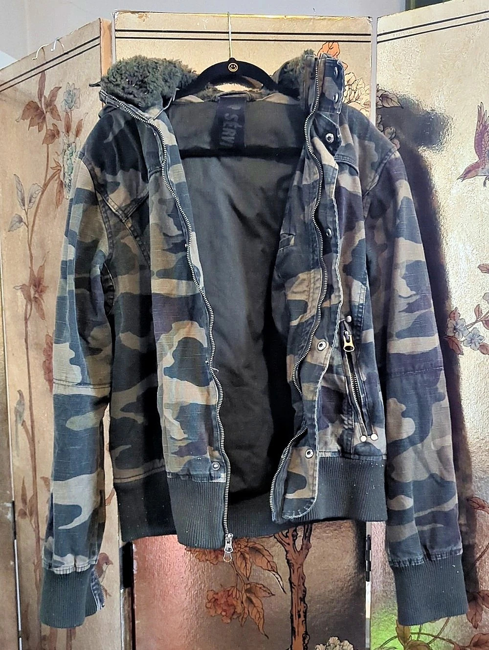 Vintage Lip Service Camo Hooded Bomber Jacket
